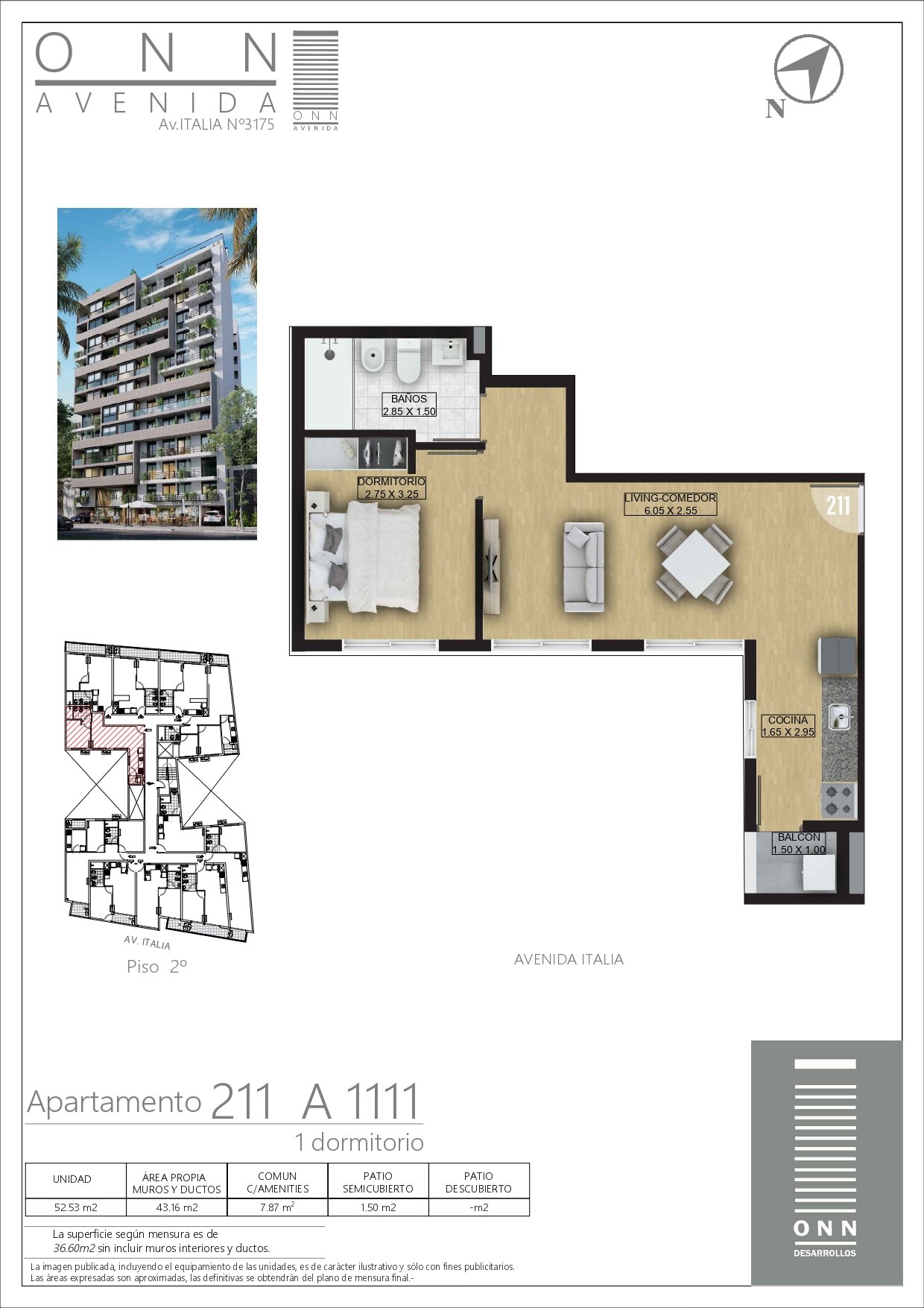 APARTAMENTO DE 1D - UNIDAD 1111 - PISO 11